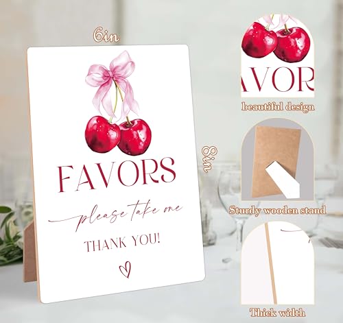Cherry Wedding Signs for Reception, Pink Bow Favors Please Take One Sign, Berry Wooden Wedding Signs with Stand, Pink Bow Bridal Shower Decorations, Bridal Shower Party Supplies for Reception, 12 - color: Wedding12