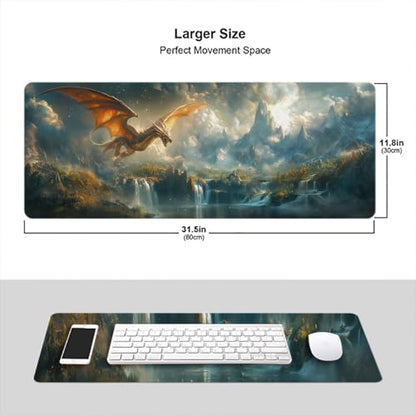 Mythical Dragon Gaming Mouse Pad Desk Pad 31.5 x 11.8 Inch Waterfall Mountains Light Sunlight Mousepad XL Large Gaming Mouse Pad Laptop Keyboard Mat Desk Pad Office Computer Keyboard Laptop Home - color: Mythical Dragon, size: 11.8W x 31.5L inches