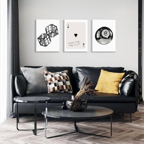 3Pcs Black and White Game Room Canvas Wall Art Vintage Dice Ace Of Spades 8 Ball Wall Decor Trendy Poker Billiards Posters Prints For Man Cave Bar Living Room Bedroom 12x16in Ready to Hang - color: Black & White, size: 16"L x 12"W