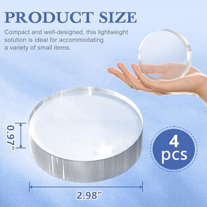 SAMYUCHO Acrylic Blocks 3 X 3 X 1 Inch 4 Pcs Acrylic Base Stand for Display Clear Block Round Riser Display Stands Pedestal Polished Cube for Jewelry trophy Props Collection Ring