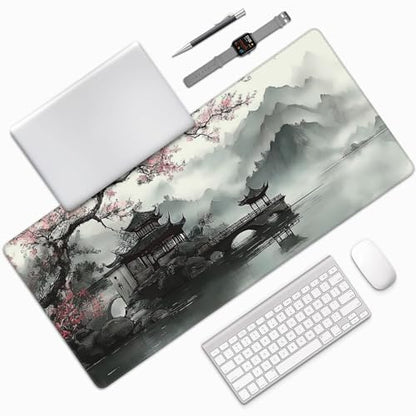 Extra Large Mouse Pad, Chinese Ink Wash Painting Design, 35.4x15.7 Inches, Gaming Keyboard Pad with Stitched Edges and Anti-Slip Rubber Base Plum Blossom - color: Ink plum blossoms