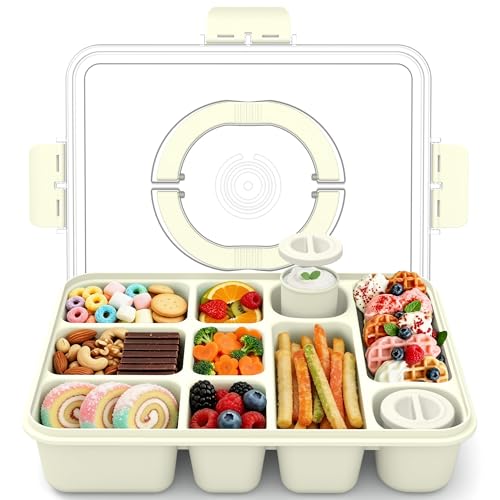 Snackle Box Container for Adults with 10 Compartment, Divided Serving Tray with Lid and Handle and 2 Sauce Containers, Portable Snack Box Container for Charcuterie Party Travel, White - color: White