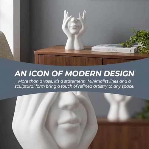 Face-Holding Creative Pen Holder Art Decor Ornament, suitable for desk/vanity tabletop brush storage, home/office/bookshelf room decoration, with artificial flower base and gift-giving.