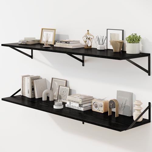 Fun Memories Floating Shelves for Wall, 12 Inch Deep Floating Shelves Set of 2, 55W x 12D Large Wall Shelf with Sturdy Metal Brackets for Living Room, Bathroom, Bedroom and Kitchen, Black - color: A-black, size: 55"w x 12"d