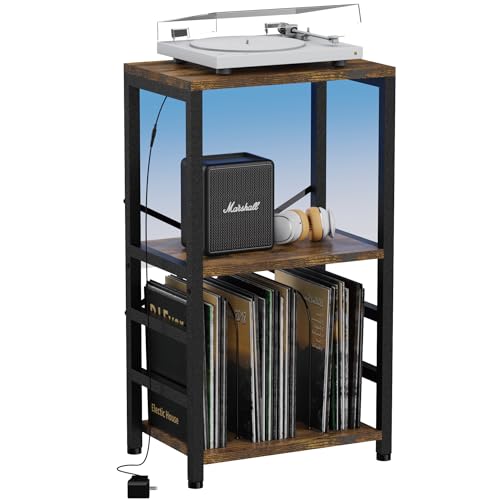 YAKANJ End Table with LED Light,Record Player Stand with Albums Storage,Vinyl Records Storage,Turntable Stand Side Table for Music Room Studio Living Room Bedroom-Retro - color: Retro