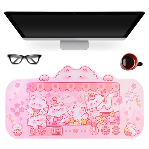 PERFECTSIGHT Cute Cat Desk Pad Kawaii Kitty Claw Machine Desk Mat, Pink Switch Large Gaming Mouse Pad, Funny Deskmat Mousepad, Anime Laptop Keyboard Pad Office Home Decor for Women Girls, Coral - color: Coral