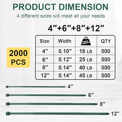 Green Zip Ties Assorted Sizes (4"+6"+8"+12"), 2000 Pack, Cable Ties UV Resistant for Garden, Plants, Fence, Holiday Lights, Yakobela - size: 4"+6"+8"+12" (2000 pack)