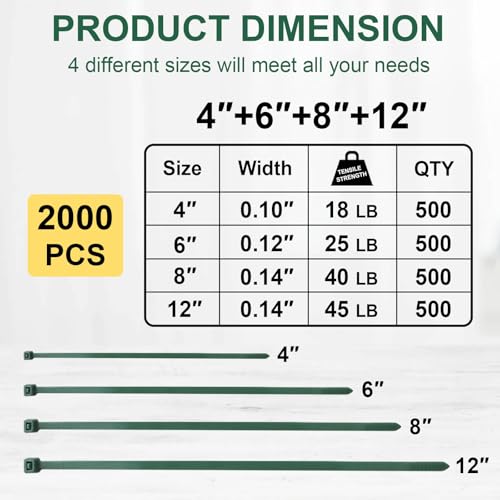 Green Zip Ties Assorted Sizes (4"+6"+8"+12"), 2000 Pack, Cable Ties UV Resistant for Garden, Plants, Fence, Holiday Lights, Yakobela - size: 4"+6"+8"+12" (2000 pack)