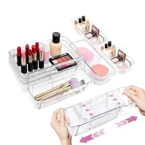 16 Pcs Extendable Clear Drawer Organizer, All Adjustable Vanity Storage Box, 2-Size Desk Drawer Organizer, Durable Storage Bins for Makeup, Cosmetic, Bedroom Dressers Tool Organizer for Gadgets - color: 6Pcs Large+10Pcs Middle