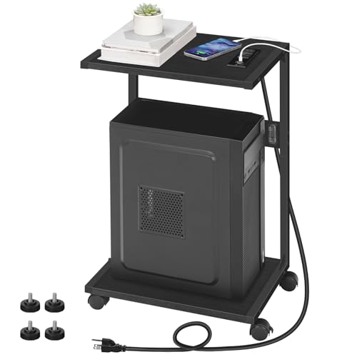 HOOBRO Computer Tower Stand, PC Stand with Charging Station, 2-Tier Under Desk CPU Holder with Lockable Wheels, PC Floor Cart Fits Most Computer Towers, for Home Office, Black BB01UCJ01G1 - color: Black