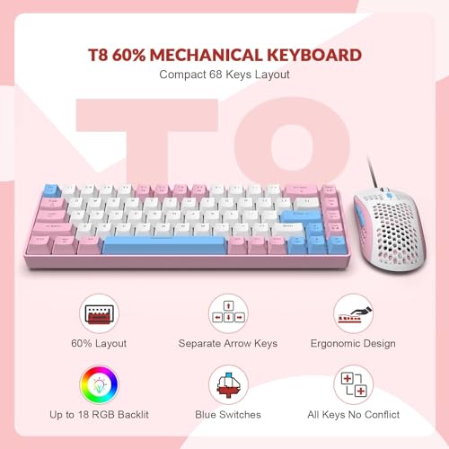 ZIYOU LANG RK-T8PR0 Wired 65% Mechanical Gaming Keyboard and Mouse Combo with RGB LED Backlit Anti-ghosting TKL Mini 68 Key Coiled C to A Cable Tactile Blue Switch for PS4 PS5 Xbox PC Mac Gamer(Pink) - color: Pink White Blue, size: 65% Keyboard + Mouse