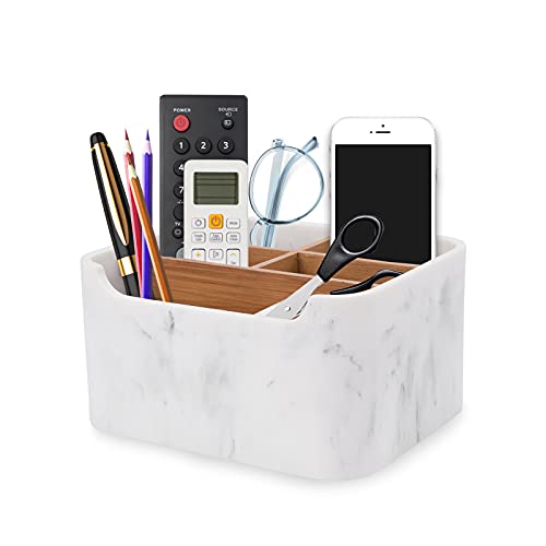 2 Pack Remote Control Holders, Desk Organizers with Dividers,White | Set of 2 resin and wood organizers with dividers for remotes, pens, glasses, and media devices on desk, table, or nightstand - color: MARBLE, size: 2 Pack