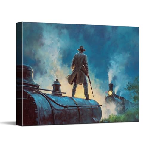 WOXZQ Red Dead Redemption Style Cowboy Standing on Train Engine Wild West Adventure Wall Art Print for Gaming Room Decor Dramatic Wrapped Canvas Illustration 15x12 Inch - color: Gunsmoke Express 2