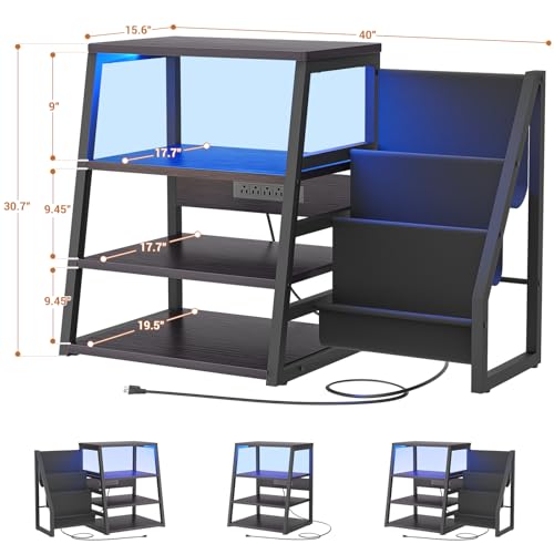 AV Media Stand with Outlets, Stereo Stands and Racks with Vinyl Storage, Stereo Stand with Record Storage, Audio Stereo Rack Cabinet, Turntable Console Stand with LED lights, 4 Tiers, Black Ebony