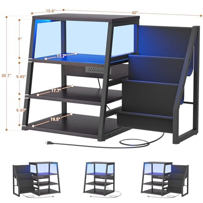 AV Media Stand with Outlets, Stereo Stands and Racks with Vinyl Storage, Stereo Stand with Record Storage, Audio Stereo Rack Cabinet, Turntable Console Stand with LED lights, 4 Tiers, Black Ebony