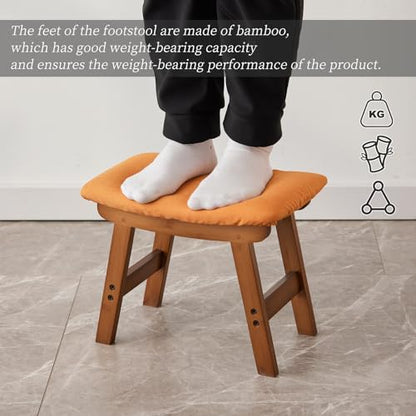 Kitsanery Foot Stool,Ottoman,Bamboo Small Sofa Foot Rest Under Desk,Extra Seating for Living Room, Bedroom and Kitchen(Brown Stool Legs - Orange Surface) - color: Brown Stool Legs - Orange Surface