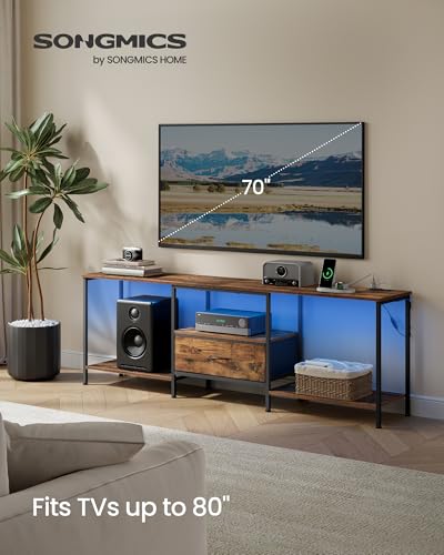 SONGMICS BELLAH Collection - TV Stand for TVs Up to 80 Inches, Media Console Table and Entertainment Center Unit for Living Room, with Shelves and Drawer, Steel, Industrial, Rustic Brown ULGS231K101S - color: Rustic Brown, size: 13.8"D x 70.5"W x 23.6"H