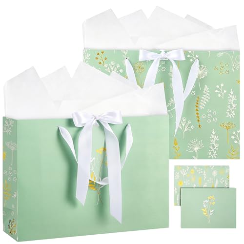woric 13.7" Sage Green Gift Bags for Women, 2 Pcs Gift Bag with Handles | 2 Pcs Bag with Tissue Paper & Cards, Wedding Bridal Shower, Birthday Baby Showers, Special Occasions - color: Sage green
