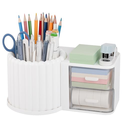 Anyoifax 360° Rotating Pen Holder 7 Slots Desk Organizer with Drawer Removable Pencil Cup Plastic Art Supplies and Accessories Desktop Storage Box Caddy for Office, School, Home (White) - color: White, size: Large