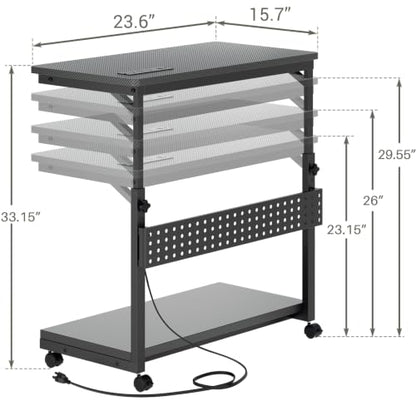 Besiost Computer Tower Stand with Outlets, PC Stand for Floor, 24" | 4 Levels Manual Height Adjustable PC Stand for Carpet Under Desk, Rolling Computer Cart with Wheels, Carbon Fiber Black - size: 24"