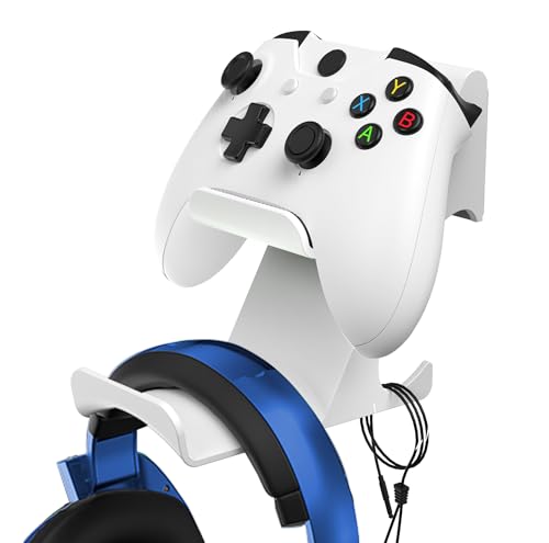 6amLifestyle Controller and Headphone Wall Mount Holder Stand with Cord Hanger for PS5 PS4 Xbox One Switch Pro Gamepad Controller Hook Strong Adhesive/Screws, White - color: White