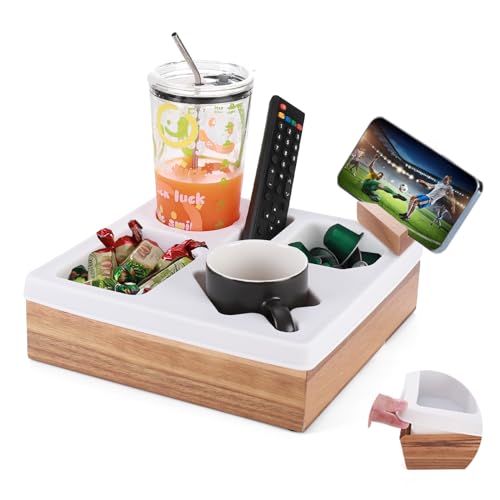 Couch Cup Holder Tray, Silicone Acacia Wooden Couch Caddy with Cup Holder for Snacks, Drinks, Remotes, Waterproof Cup Holder for Couch, Organizer, Couch Drink Holder, Pillow - color: A-white
