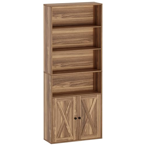 IRONCK Industrial Bookshelves and Bookcases with Doors Floor Standing 6 Shelf Display Storage Shelves 70 in Tall Bookcase for Home Office, Living Room - color: Oak Brown