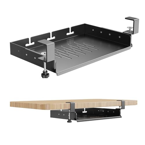 No Drill Under Desk Laptop Mount, Metal Under Desk Storage Shelf with Cable Management, Laptop Storage Tray for MacBook, Keyboard, Mac Mini, Anti-Scratch Silicone, Fits Office, Gaming, Workstations - color: Black