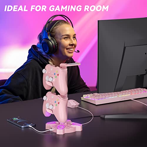 KDD Headphone Stand with Light Modes - Rotatable Pink Game Headset Holder with 3.5mm AUX & 2 USB Port - Suitable for PC Desk Accessories Gamers Gift(Pink) - color: Pink