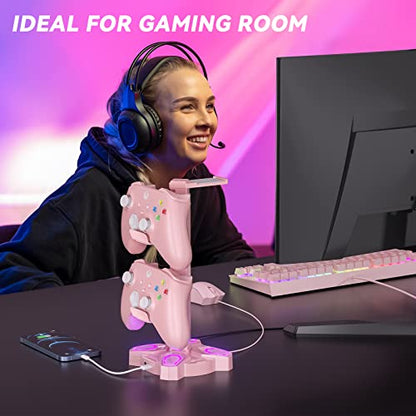 KDD Headphone Stand with Light Modes - Rotatable Pink Game Headset Holder with 3.5mm AUX & 2 USB Port - Suitable for PC Desk Accessories Gamers Gift(Pink) - color: Pink