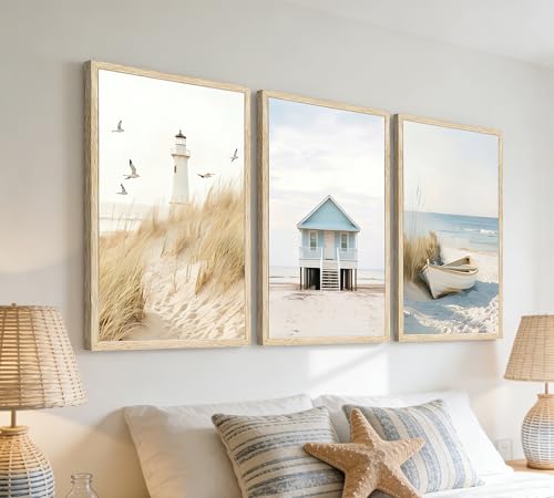 Set of 3 Coastal Beach Wall Art, Lighthouse Beach House Boat Seagrass Canvas Poster Prints, Minimalist Nautical Wall Decor for Bathroom Bedroom Living Room Unframed - color: Coast Watch, size: 16"L x 12"W