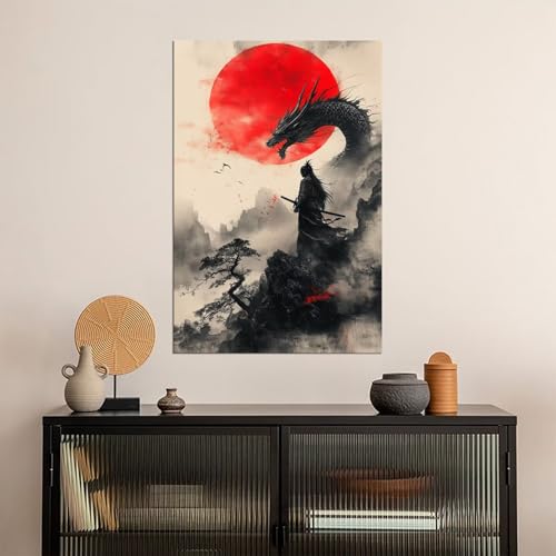 HQLLingArt Japanese Samurai Wall Art Picture Red Sun and Dragon with Samurai Poster Canvas Prints Modern Artwork Framed Ready to Hang(12''W x 16''H) - color: samurai art-18, size: 12"L x 16"W