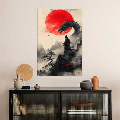 HQLLingArt Japanese Samurai Wall Art Picture Red Sun and Dragon with Samurai Poster Canvas Prints Modern Artwork Framed Ready to Hang(12''W x 16''H) - color: samurai art-18, size: 12"L x 16"W