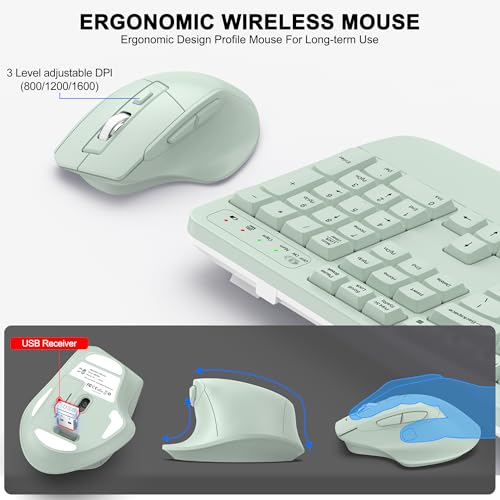 Wireless Keyboard and Mouse Combo, 2.4G Full Size Wave Keys Ergonomic Keyboard with Wrist Rest and 3-Level DPI Adjustable Wireless Ergonomic Mouse for Windows, Mac OS Desktop/Laptop/PC(Avocado Green) - color: Green