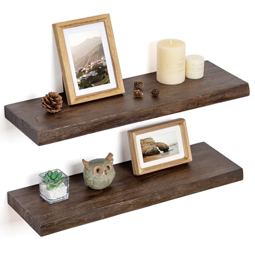 Floating Shelves for Wall Decor, Rustic Solid Elm Wood Live Edge Floating Shelves Wall Mounted, Wall Shelves with Invisible Bracket for Living Room Bathroom Bedroom Kitchen, 24 Inch Set of 2, Walnut - color: Walnut, size: Live Edge, 24inch, 2Packs