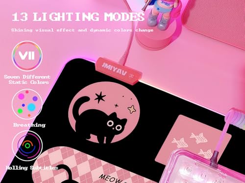 JMIYAV Pink RGB Gaming Mouse Pad 31.5x12 Inch PC XL Large Extended Glowing Led Light Up Desk Pad Non-Slip Rubber Base Computer Cute Mousepad Mat Desk Accessories Gaming Setup Hello Cat - color: Hello Cat