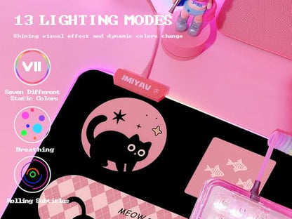 JMIYAV Pink RGB Gaming Mouse Pad 31.5x12 Inch PC XL Large Extended Glowing Led Light Up Desk Pad Non-Slip Rubber Base Computer Cute Mousepad Mat Desk Accessories Gaming Setup Hello Cat - color: Hello Cat