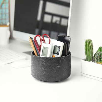 lizimandu Round Leather Art Supply Organizer,Remote Control Holder,360 Degree Spinning,Multi-Functional Pencil Holder,4 Compartments Desktop Stationary Organizer(1-Black2) - color: 1-Black2