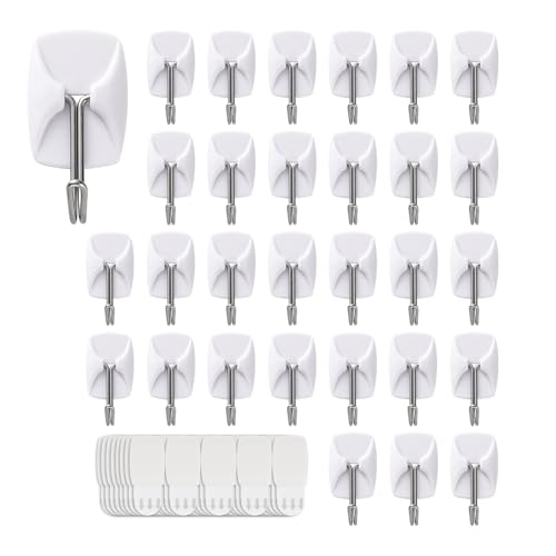 MOVELYST 32 Small Hooks+40 Removable Strips, White Wire Hanger Hooks, Heavy Duty with Adhesive Strips, Damage-Free Utility Hooks, No Tools Wall Hook for Hanging, Value Pack - size: Small, style: 32+40