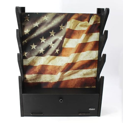 Rush Creek Creations Engineered Wood Gun Rack - Wall Mount Display for 4 Rifles/Shotguns, American Flag Design with Accessory Storage - color: Black