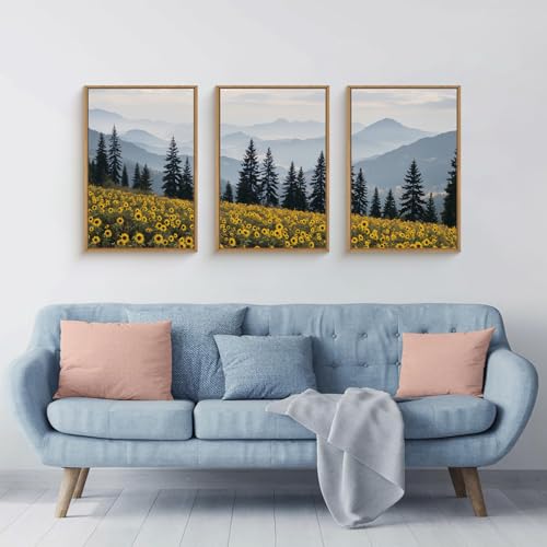 HPNIUB Large Boho Mountain Sunflowers Framed Canvas Wall Art Set, Nature Pine Tree Landscape Wall Decor, Misty Forest Art Print, Rustic Wildflower Painting Artwork for Living Room, Bedroom,Office -24''x36''x3 - color: Boho Sunflowers Landscape Wall Art, s