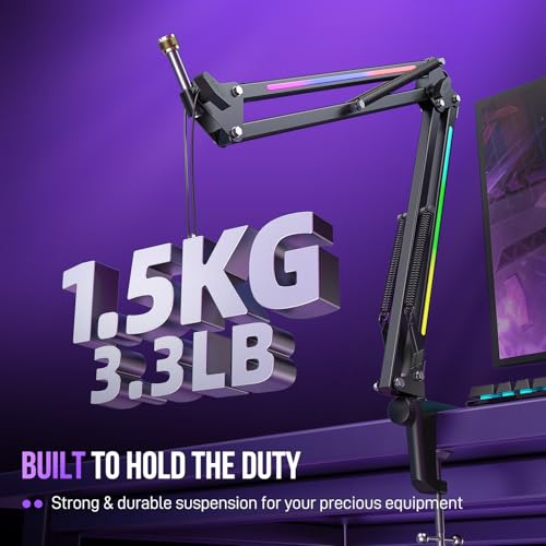 FIFINE Microphone Boom Arm, Metal Adjustable Mic Arm Stand with RGB Control, 3/8” to 5/8” Screw Adapter, Desk Mount Clamp, Suspension Scissor Mic Stand for Gaming Streaming Podcast-AmpliGame BM38 - color: Black, size: BM38