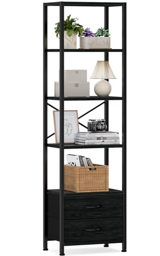 Furnulem 5-Tier Tall Corner Shelf, Narrow Bookshelf with Drawers | 65.16" H Black Bookcase,Fabric Bins and Metal Frame,Wood Display Shelf for Bedroom,Living Room,Home Office. Easy to Assemble - color: Black Oak, size: 5 Tier
