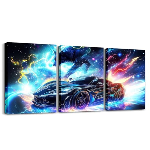 Modern Race Car Wall Art Lightning Wolf Animal Canvas Wall Art Set of 3 for Kids Boys Teen Watercolor 3D Cool Racing Car Poster Prints Rainbow Extreme Sports Decor,12x16 - color: Black Blue Yellow