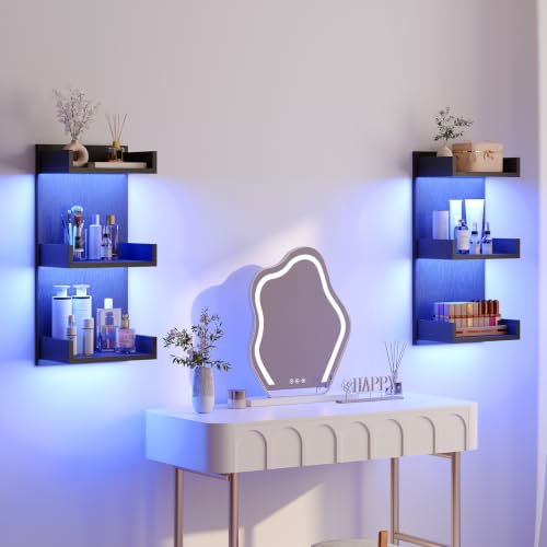 HOOBRO Floating Wall Shelves with LED Lights, Floating Shelf Wall Mounted | Shelf for Storage, Vertical Display Stand, Modern Column Rack, for Bedroom, Livingroom, 3-Tier, 25.6 Inches, Black BK43DBJ01 - color: Black, size: 25.6 Inches