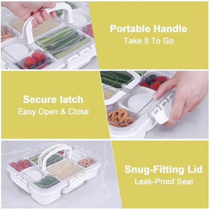 Large Snackle Box Container with 2 Sauce Cups, 8-Compartment Divided Serving Tray with Lid & Handle, Portable Snack Tray for Travel Picnic, Leak-Proof, Dishwasher Safe, BPA-Free - color: White