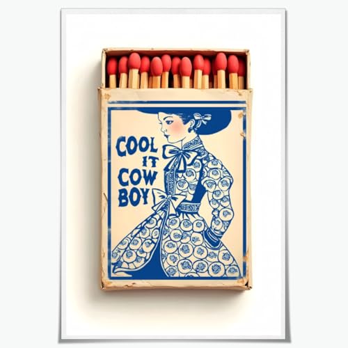 Retro Trendy Wall Art Indigo Blue White Cool It Cowboy Matchbook Poster Canvas Printing Chinoiserie Western Decor Coastal Cowgirl Millennial Dorm Apart Ment Decor 12x18inch Unframed - color: style-1-Unframed, size: 12"L x 18"W