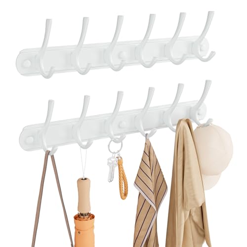 BAKON 2 Packs Wall Mounted Coat Rack with 6 Hooks, Heavy Duty Towel Hooks Hat Rack for Bathroom Entryway Bedroom Laundry Living Room, Wall Coat Rack for Hanging Clothes Towel Purses Bags (White) - color: White, size: 2Pack-6 Hook