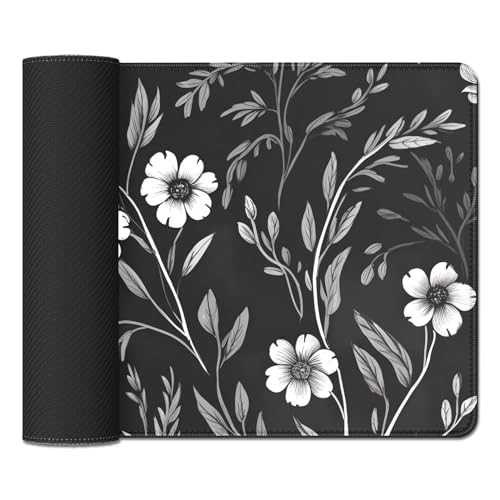 Black and White Mouse Pad Floral Desk Mat Large Desk Pad Alfombrilla para Mouse Gaming Mousepad with Stitched Edge Non-Slip Rubber Base for Work Study Gaming (27.5X11.8 in) - color: Black White Flora