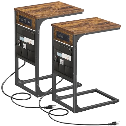 TUTOTAK C Shaped End Table with Charging Station, Side Table for Sofa, Couch with Storage Bag, Set of 2, TV Tray with 2 USB Ports and Outlets for Living Room, Bedroom, Brown TB01BB0242 - color: Brown, size: 2 Pack (11.8"W), style: With Plug